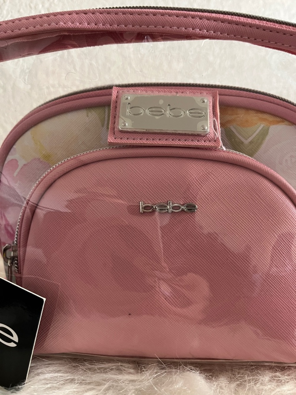 bebe Pink Clear-Front Cosmetic Case with Silver Logo 5 piece Set